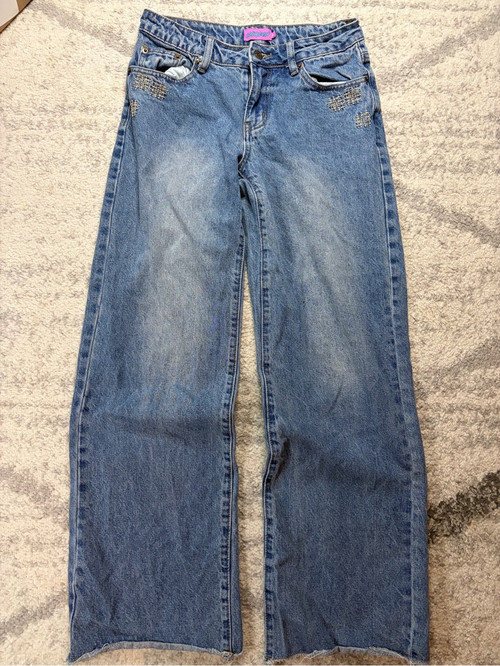 Edikted Y2K Embroidered Wide Leg Jeans Size 26 Raw Hem Distressed
